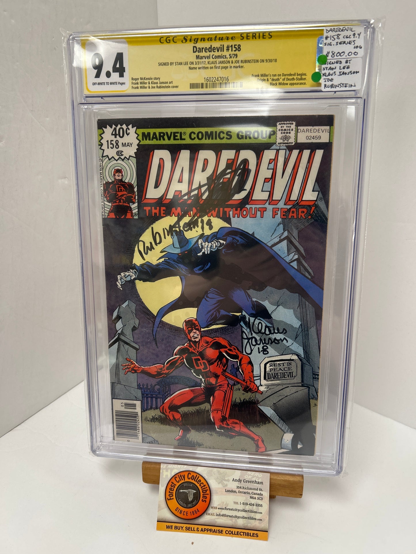 Daredevil #158 (Off-White to White Pages) {CGC 9.4} Signed By Stan Lee, Klaus Janson & Joe Rubinstein