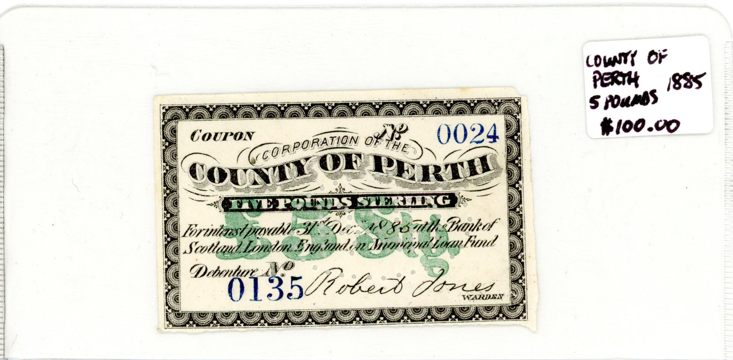 County of Perth 1885 5 pounds